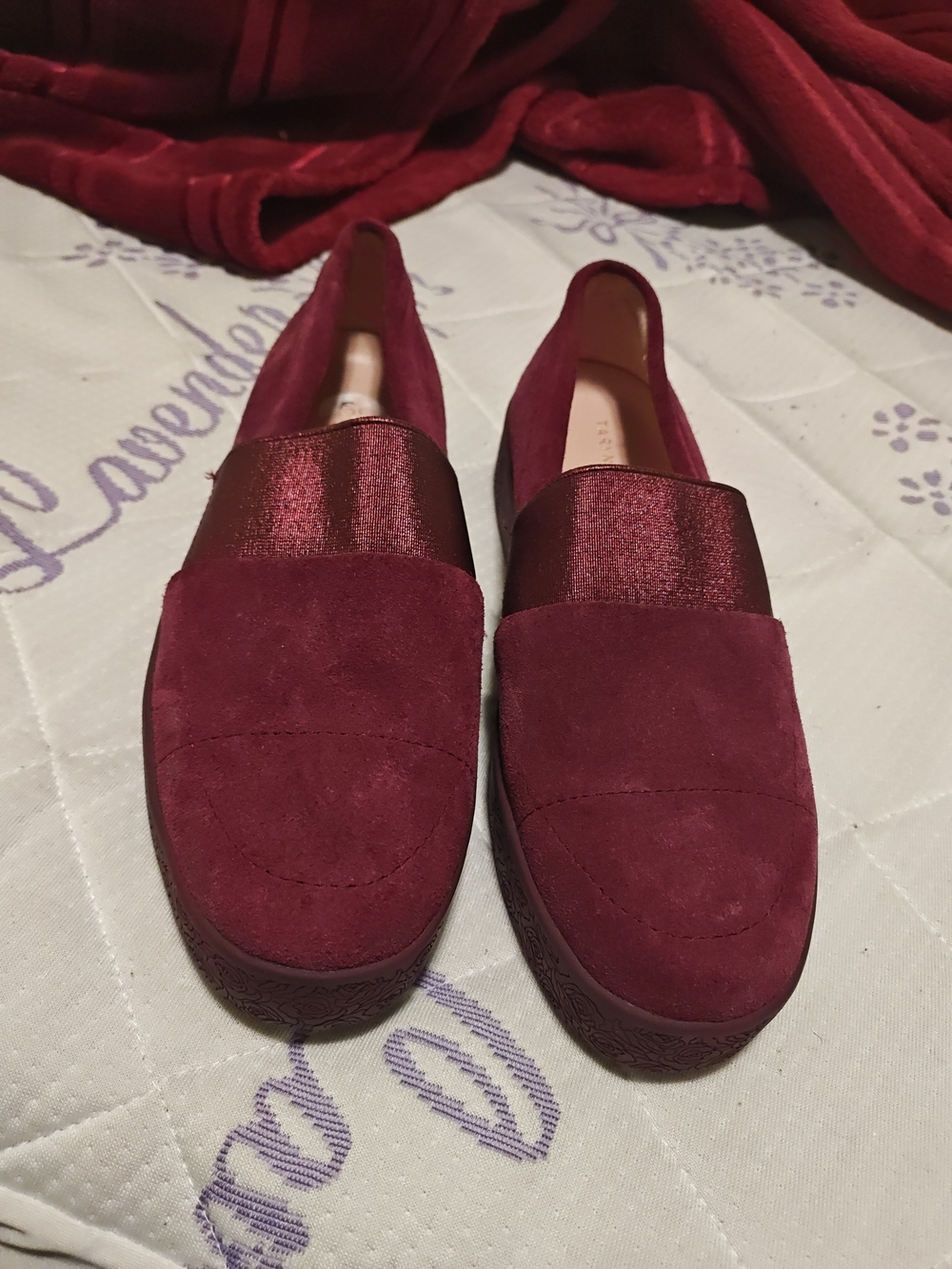 Taryn Rose Women's Burgundy Suede Loafers with Shimmer Band